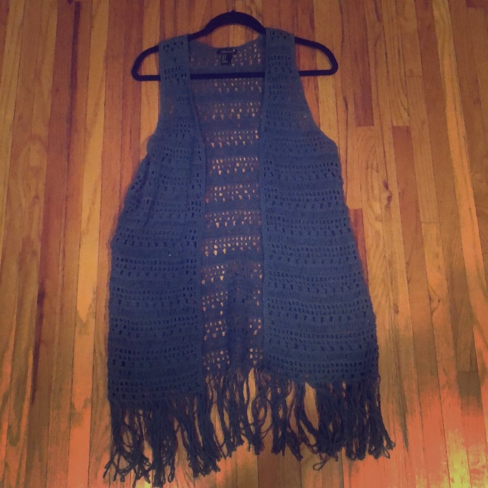 Blue, knit, sleeveless cardigan with fringe